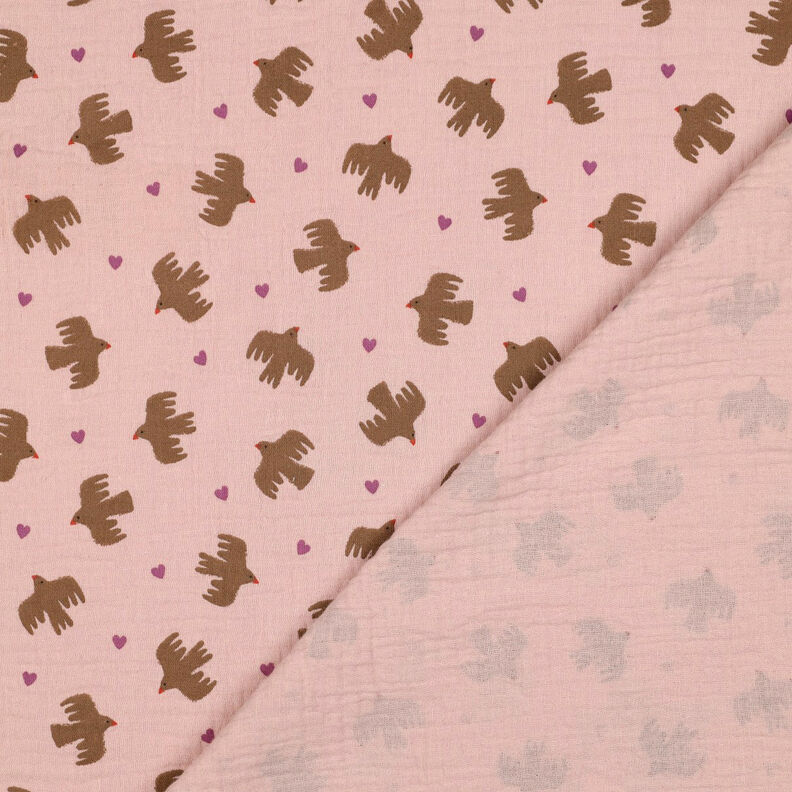 GOTS Musselina/ Tecido plissado duplo Pássaros e corações | Poppy Fabrics – rosa embaçado,  image number 5