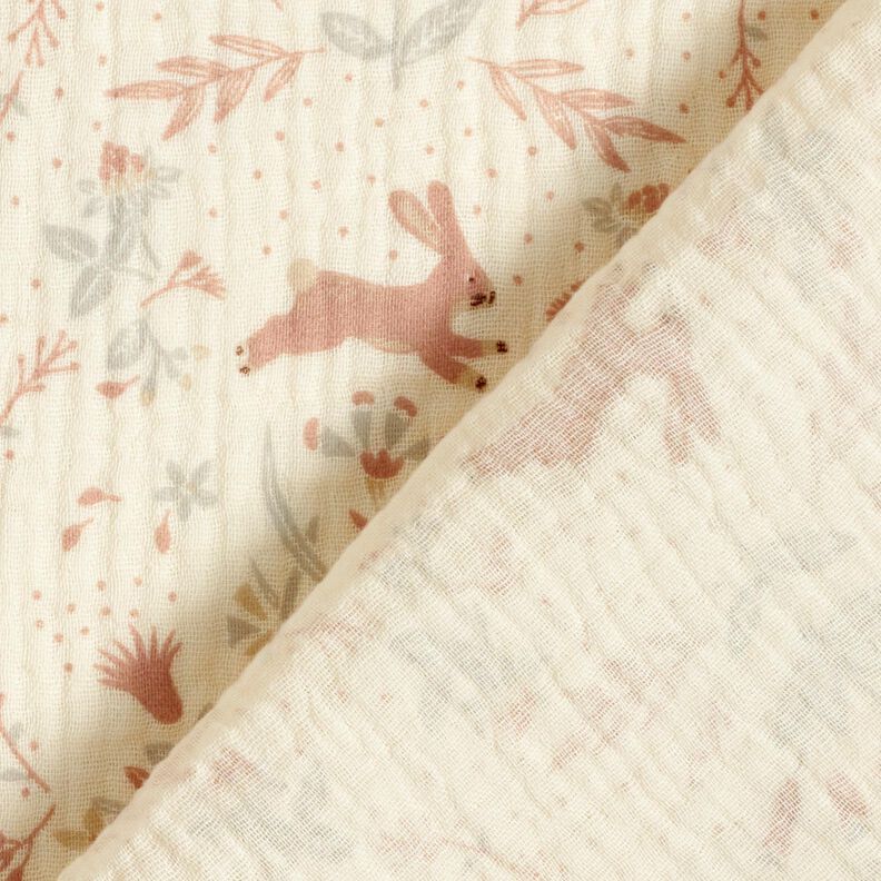 Musselina/ Tecido plissado duplo Pássaro e coelho no jardim em flor – branco sujo,  image number 4