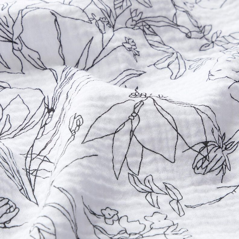 Musselina/ Tecido plissado duplo Prado de flores pintado &ndash; branco/preto,  image number 2