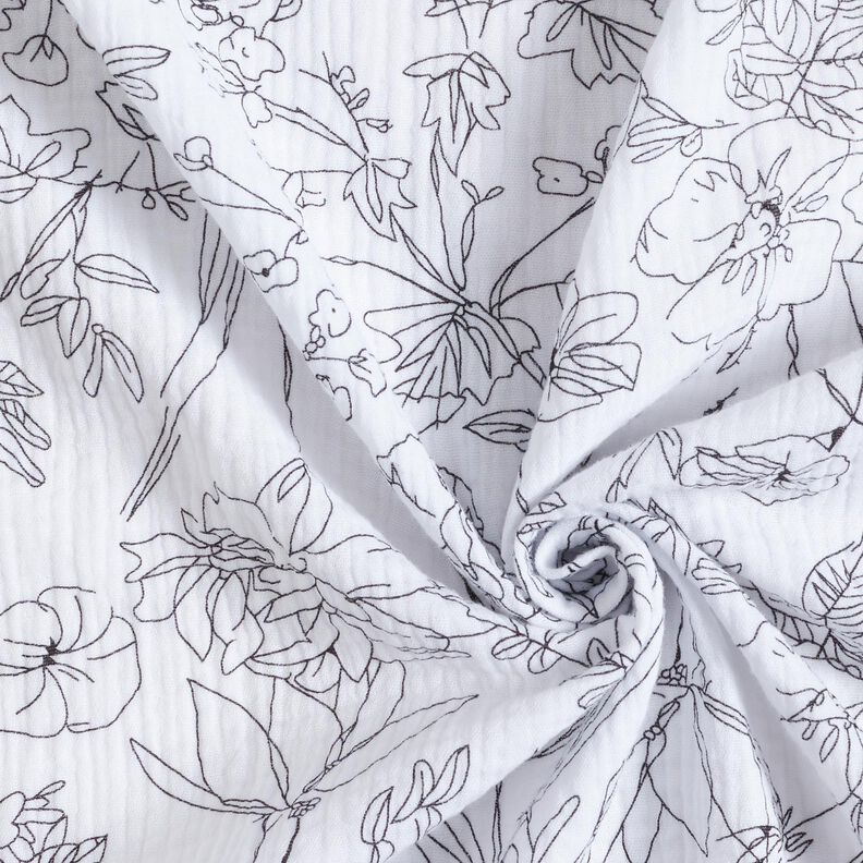 Musselina/ Tecido plissado duplo Prado de flores pintado &ndash; branco/preto,  image number 3