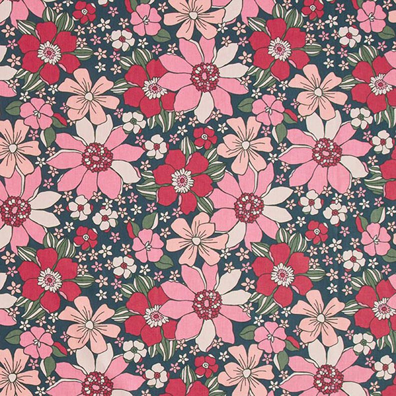 Tecido de algodão Cretone Flores retro – azul petróleo/rosa,  image number 1