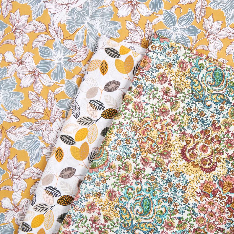 Tecido de algodão Cretone Flores grandes – mostarda/cinzento,  image number 5