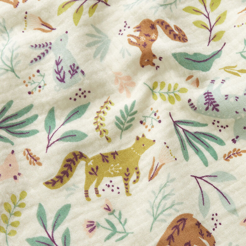 Musselina/ Tecido plissado duplo Animais da floresta Floral – branco sujo,  image number 2