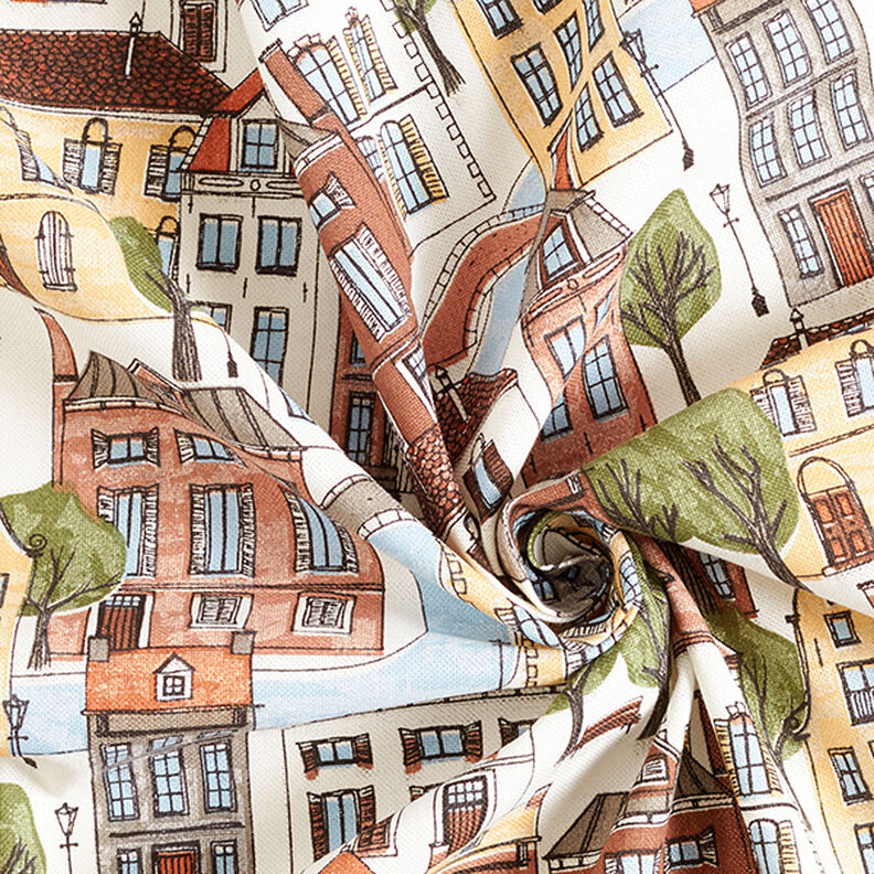 Tecido para decoração Meio linho Panamá Pequena cidade – branco sujo/oliva,  image number 3