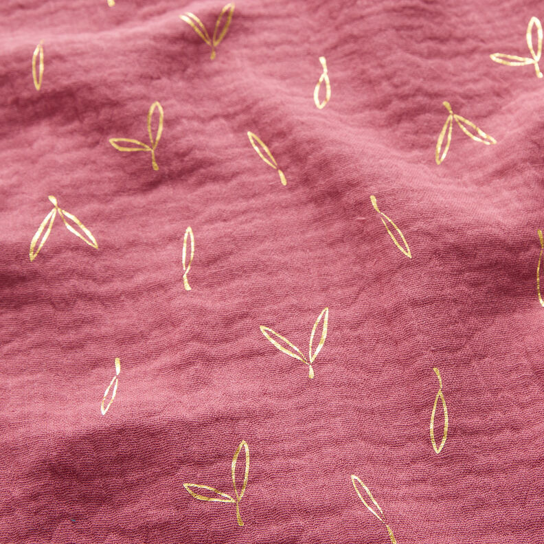 Musselina/ Tecido plissado duplo Estampado prateado Folhas – framboesa/dourado,  image number 2