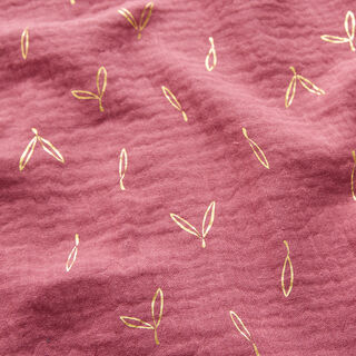 Musselina/ Tecido plissado duplo Estampado prateado Folhas – framboesa/dourado, 