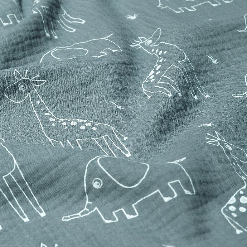 Musselina/ Tecido plissado duplo Girafas e elefantes grandes – azul-pomba,  image number 2