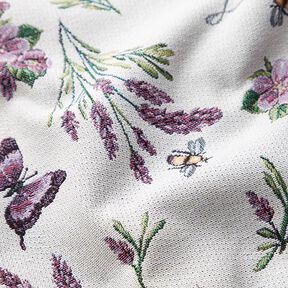 Tecido para decoração Gobelina Violetas Alfazema – branco sujo/lilás | Retalho 50cm, 