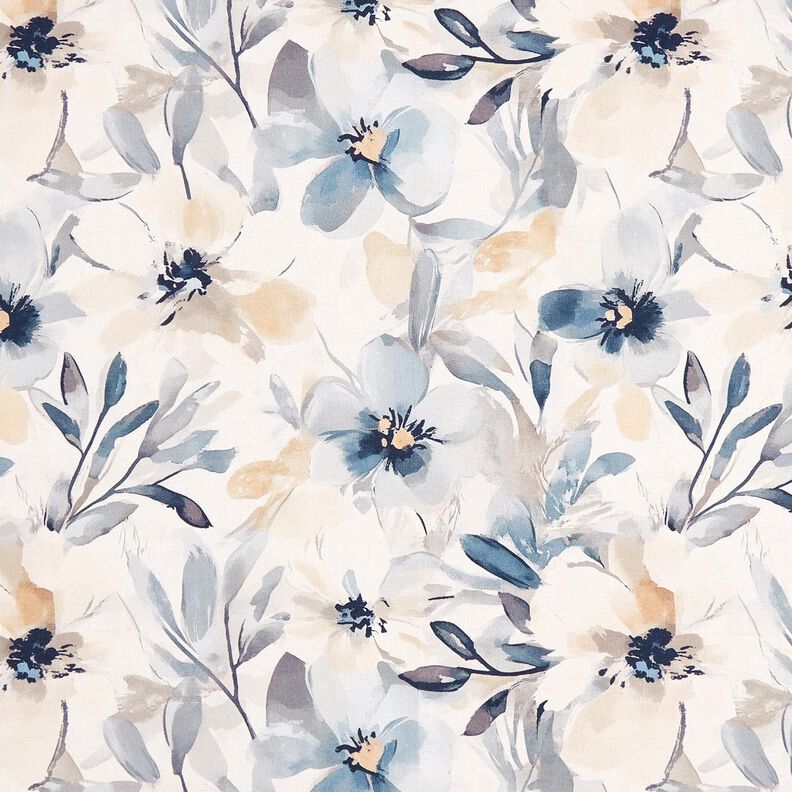Tecido para decoração Meio linho Panamá Flores grandes – amêndoa/azul,  image number 1