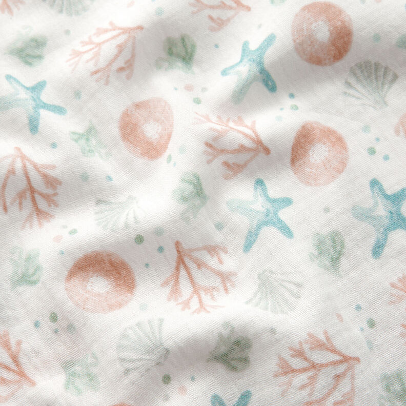 Musselina/ Tecido plissado duplo Estrelas do mar Conchas Algas Impressão Digital – branco sujo,  image number 2