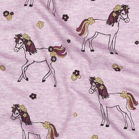 Jersey de algod&atilde;o Cavalo florido com brilhantes | Poppy Fabrics &ndash; p&uacute;rpura m&eacute;dia/dourado, 