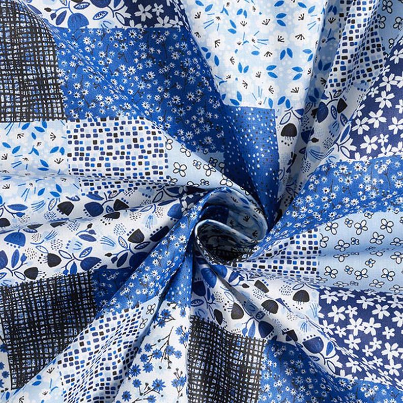 Tecido de algodão Cretone Look patchwork – branco/azul,  image number 4