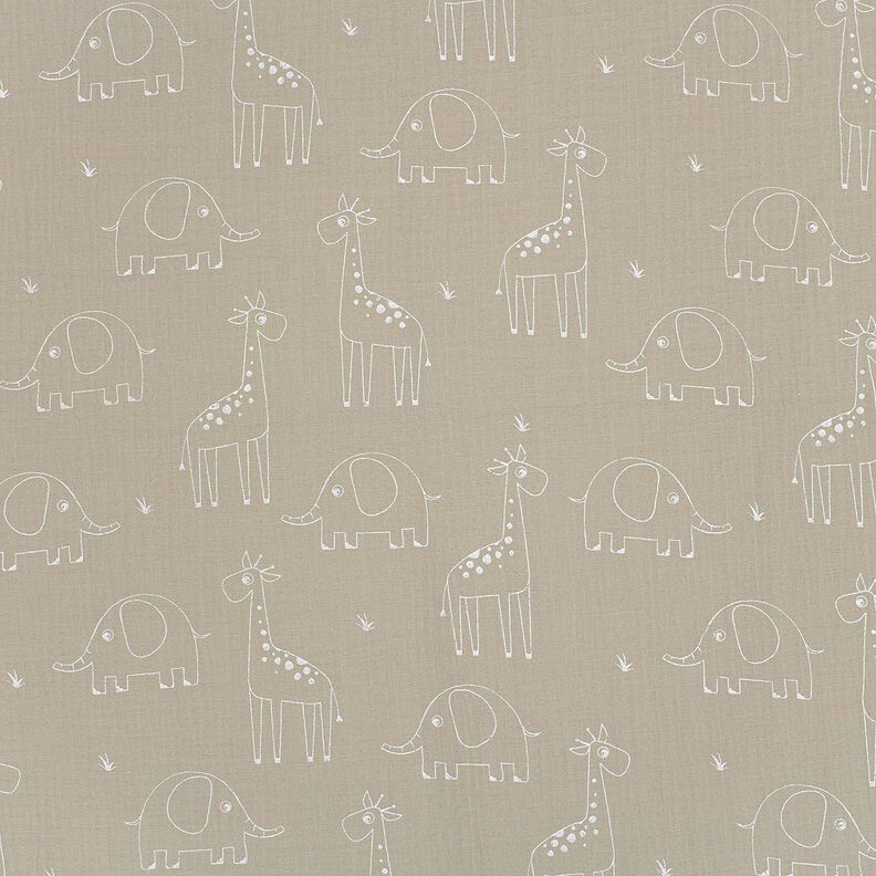 Musselina/ Tecido plissado duplo Girafas e elefantes grandes – cinzento-seda,  image number 1