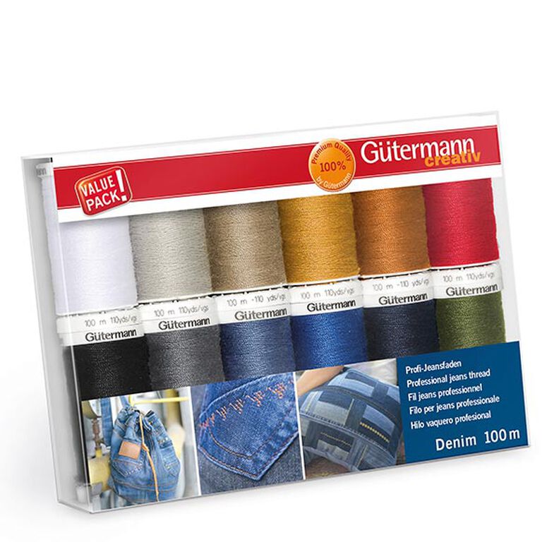 Kit de linhas de coser Denim [ 100m | 12 Unidade ] | Gütermann creativ – mistura de cores,  image number 1