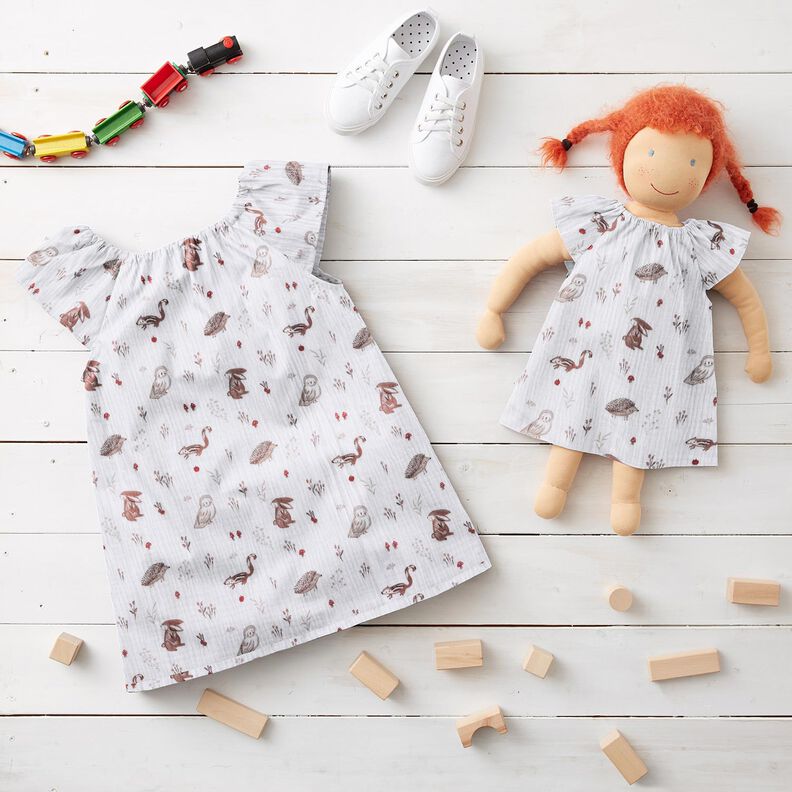 Musselina/ Tecido plissado duplo Animais na clareira da floresta – branco,  image number 5