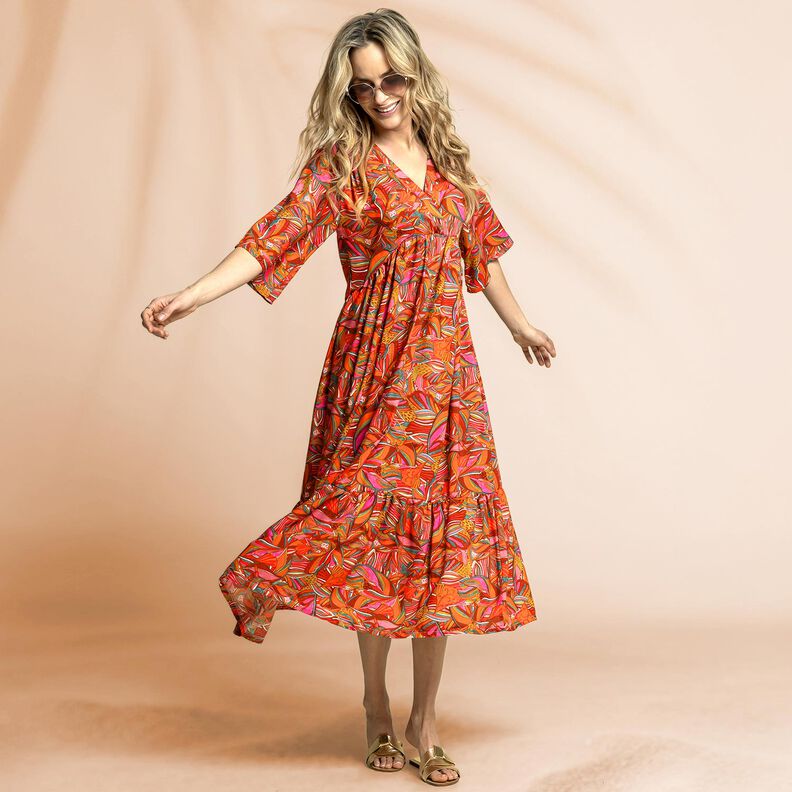 Moda de praia Tecido de viscose Pav&otilde;es e flores &ndash; laranja/bordeaux,  image number 5