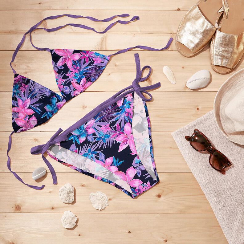 Tecido para fatos de banho Flores tropicais – azul-marinho/pink,  image number 7