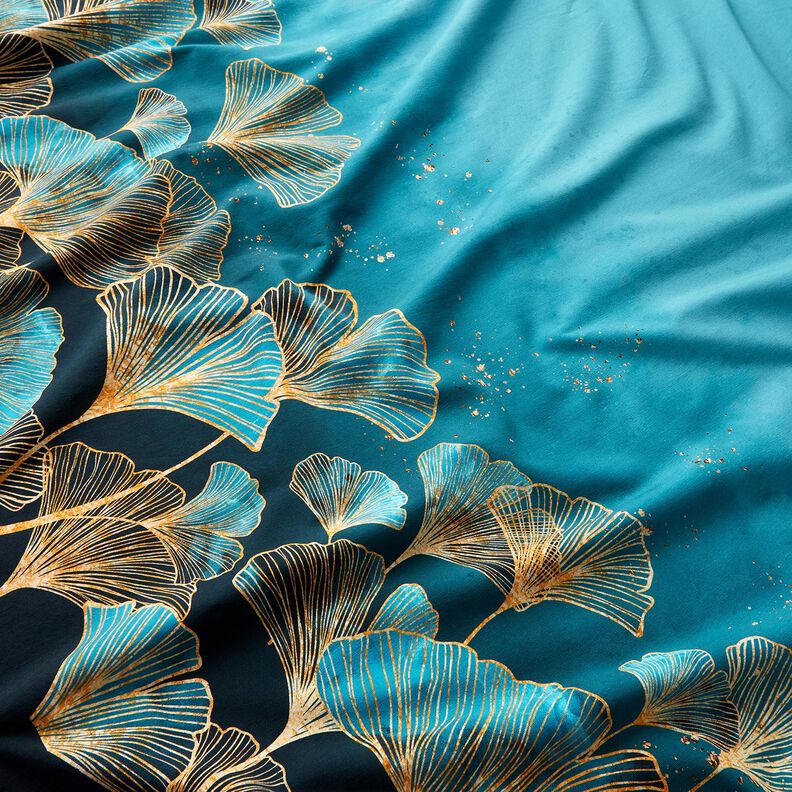 Jersey de algodão Tecido com orla Folhas douradas Ginkgo | Glitzerpüppi – preto/turquesa,  image number 1