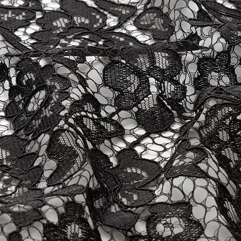 Tecido de renda às flores com rebordo arredondado em ambos os lados – preto,  image number 3