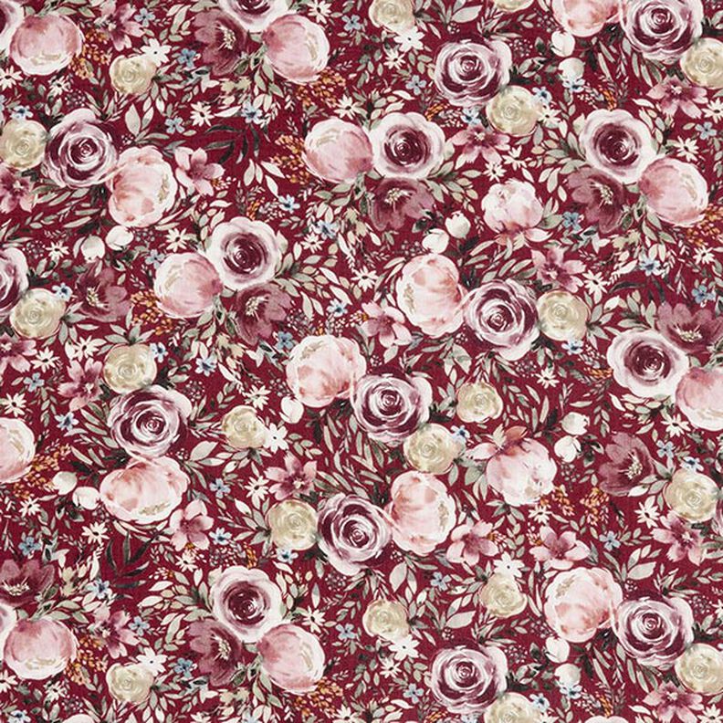 Musselina/ Tecido plissado duplo Rosas aguarela Impressão Digital – bordô,  image number 1