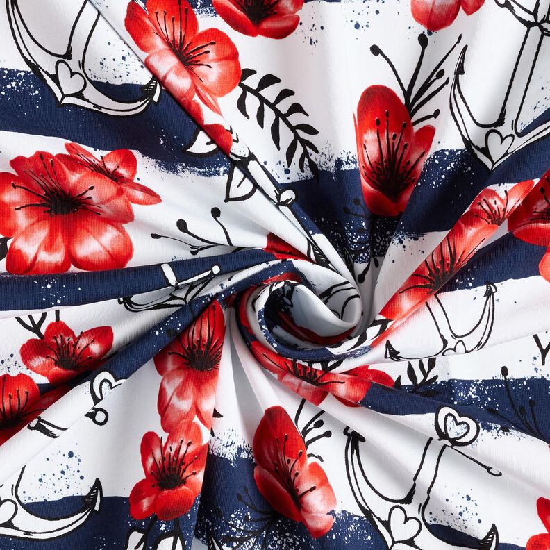Jersey de algodão Flores e âncoras Riscas | Glitzerpüppi – branco/cor de malagueta,  image number 3