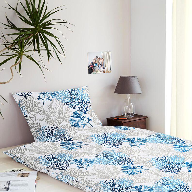 Tecido de algodão Cretone Grandes corais – branco/azul,  image number 8