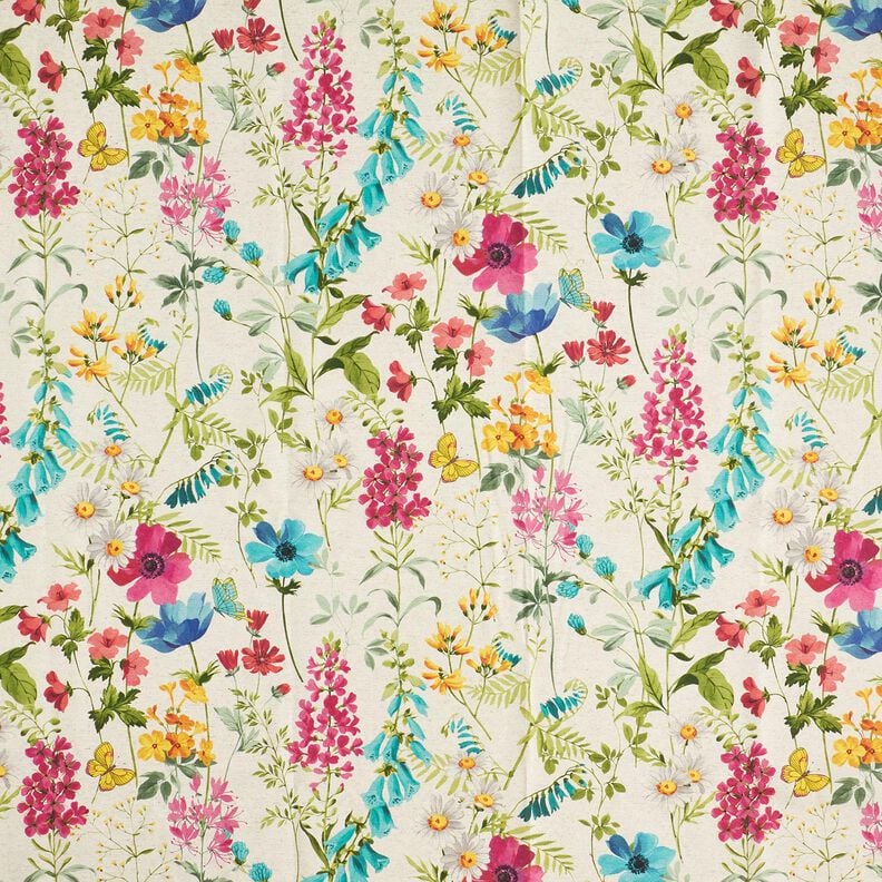 Tecido para decoração Meio linho Panamá Flores dos prados – natural/framboesa,  image number 1