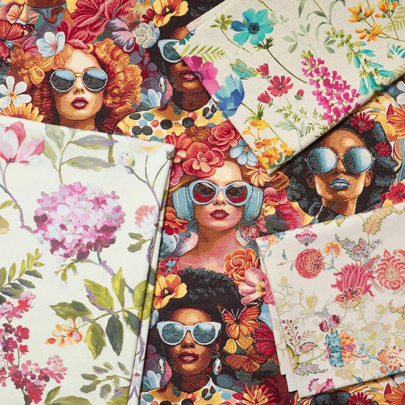 Tecido para decoração Meio linho Panamá Flores dos prados – natural/framboesa,  image number 7