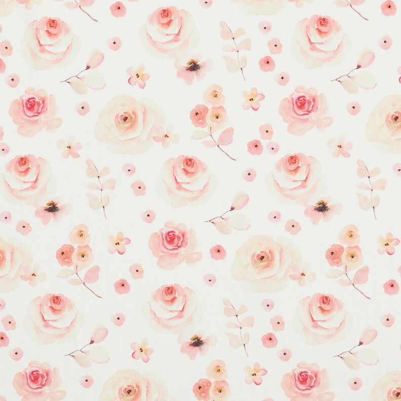 Jersey de algodão Rosas em aguarela Impressão Digital – marfim/salmão,  image number 1