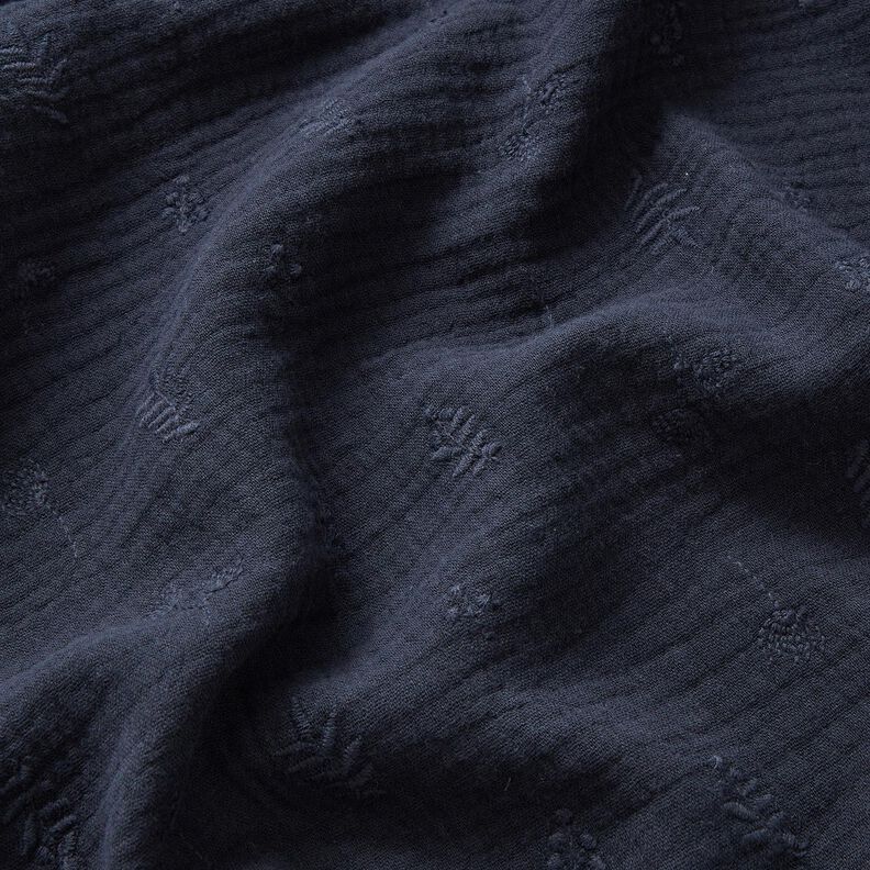 Musselina/ Tecido plissado duplo Bordado Flores e ramos – azul-marinho,  image number 2