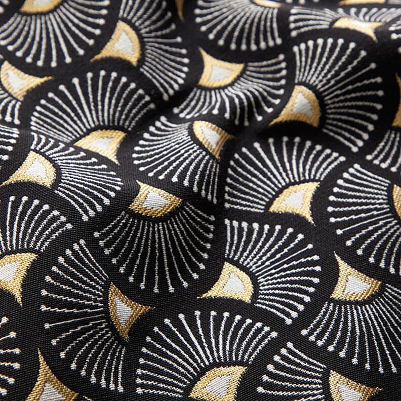 Tecido para decoração Jacquard Pequenos leques – preto/dourado,  image number 2