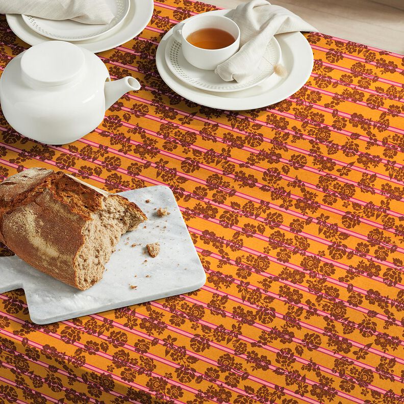 Tecido de algodão Cretone Flores e riscas – amarelo-caril/púrpura,  image number 5