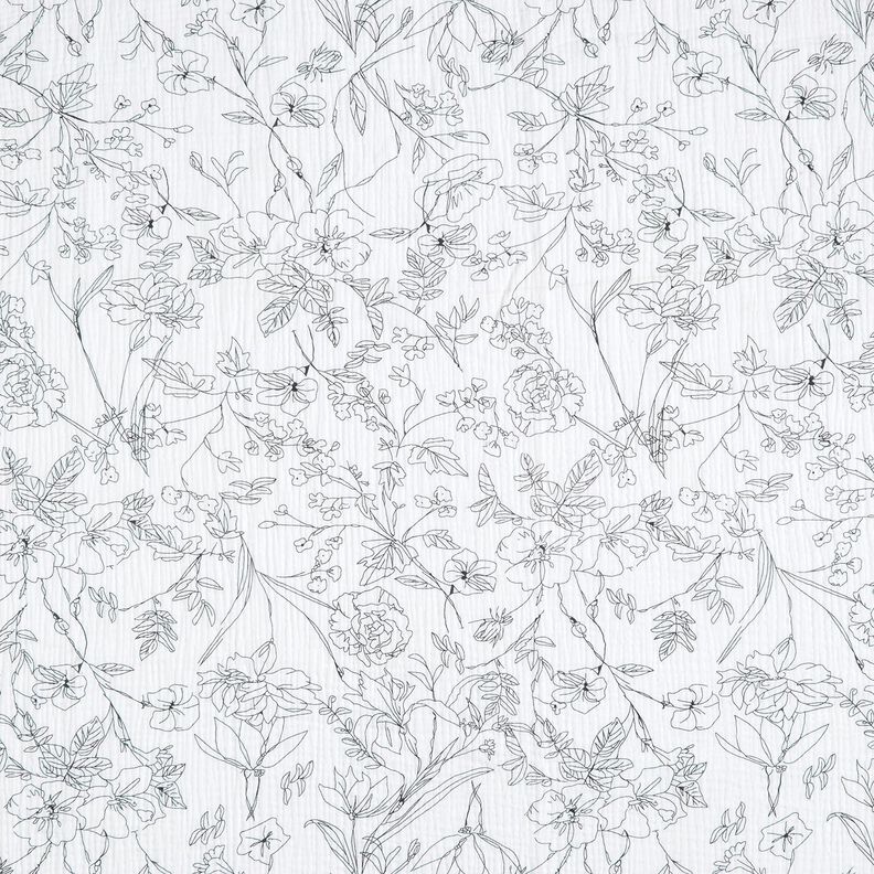 Musselina/ Tecido plissado duplo Prado de flores pintado &ndash; branco/preto,  image number 1