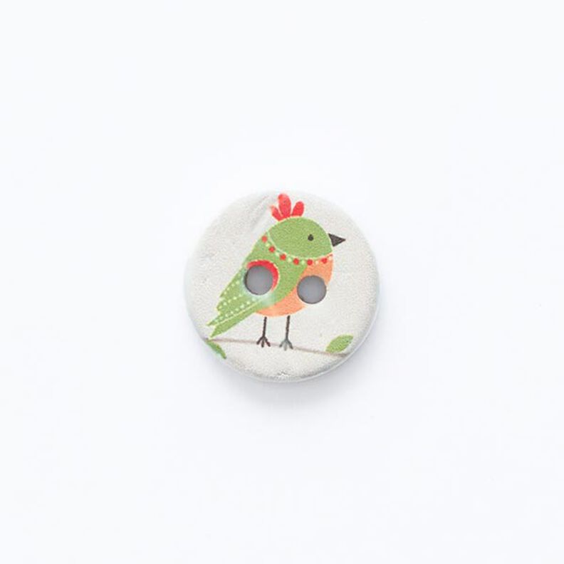 Botão com desenho de pássaro, 2 furos [ Ø 15 mm ] – branco sujo/verde,  image number 1