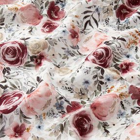 Musselina/ Tecido plissado duplo Rosas aguarela Impressão Digital – branco, 