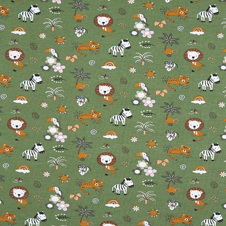 GOTS Jersey de algodão Animais da selva fofos – verde-pinheiro,  image number 1