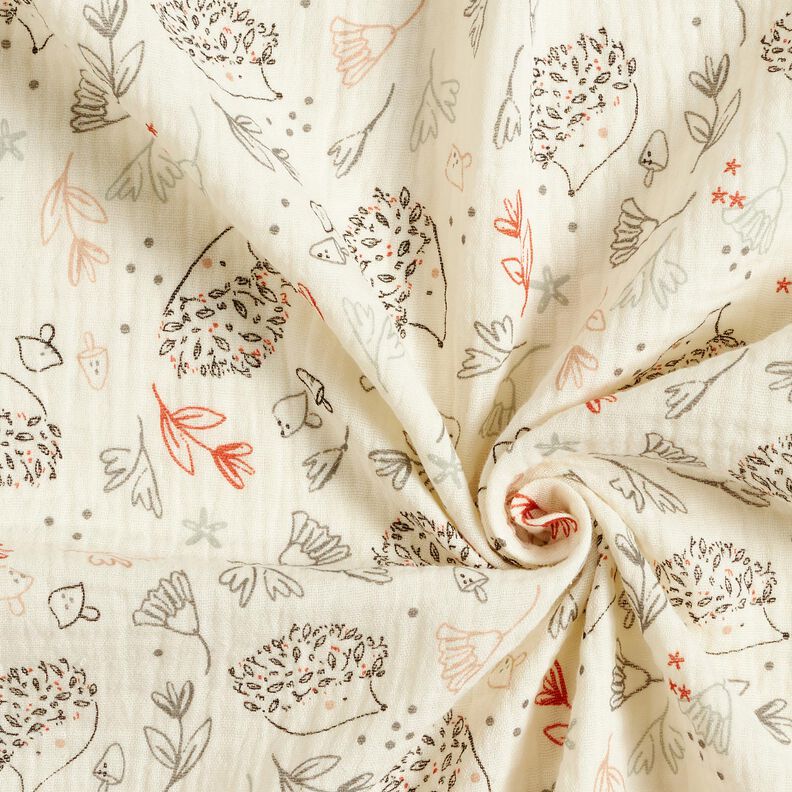 Musselina/ Tecido plissado duplo Ouriços e plantas florestais – branco sujo,  image number 3