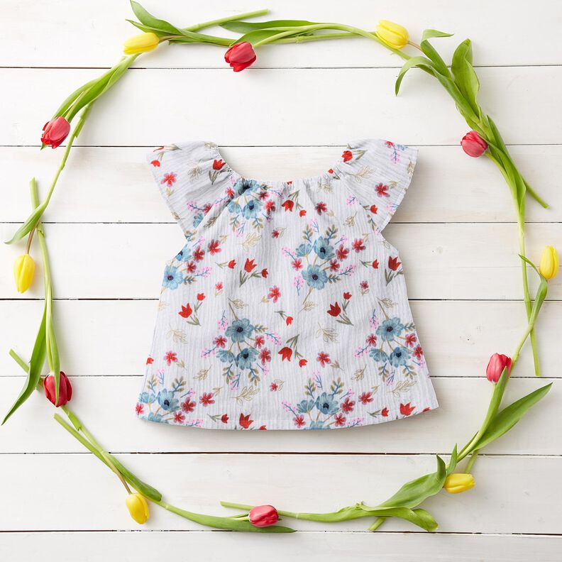 Musselina/ Tecido plissado duplo Flores da primavera com t&uacute;lipas &ndash; branco/laranja,  image number 5