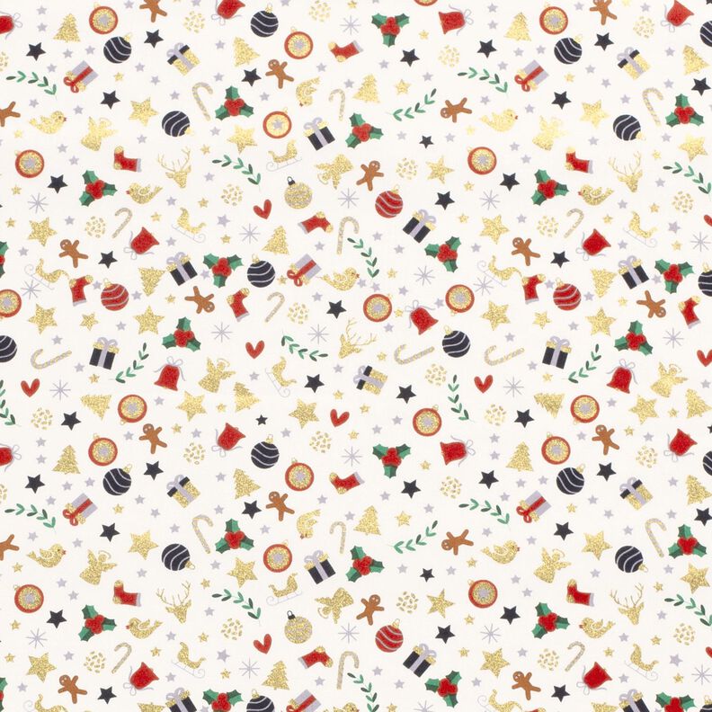 Tecido de algodão Popelina Pequenos desenhos de Natal – bege claro/dourado,  image number 1