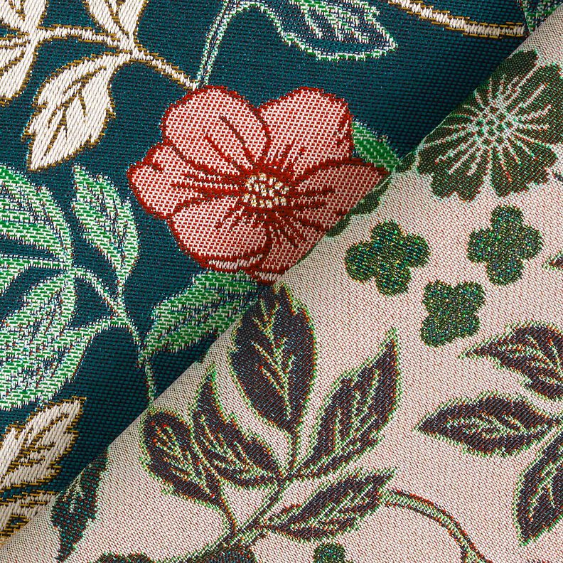Tecido para decoração Jacquard Flores vintage – azul petróleo/vermelho escuro,  image number 4