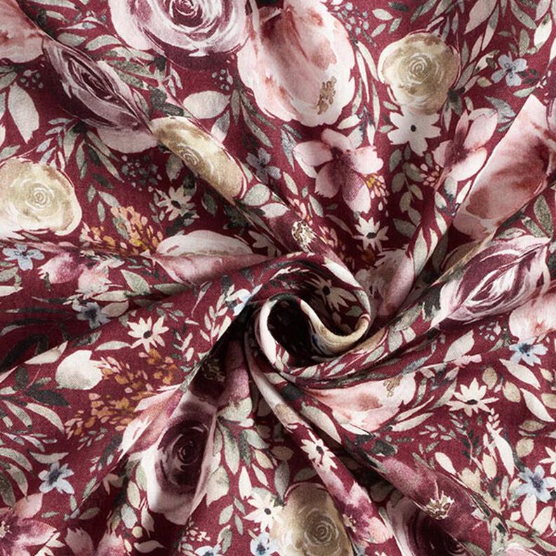 Musselina/ Tecido plissado duplo Rosas aguarela Impressão Digital – bordô,  image number 4