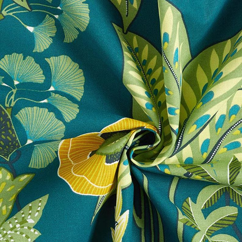 Tecido para decoração Meio linho Panamá Plantas tropicais – azul petróleo,  image number 3