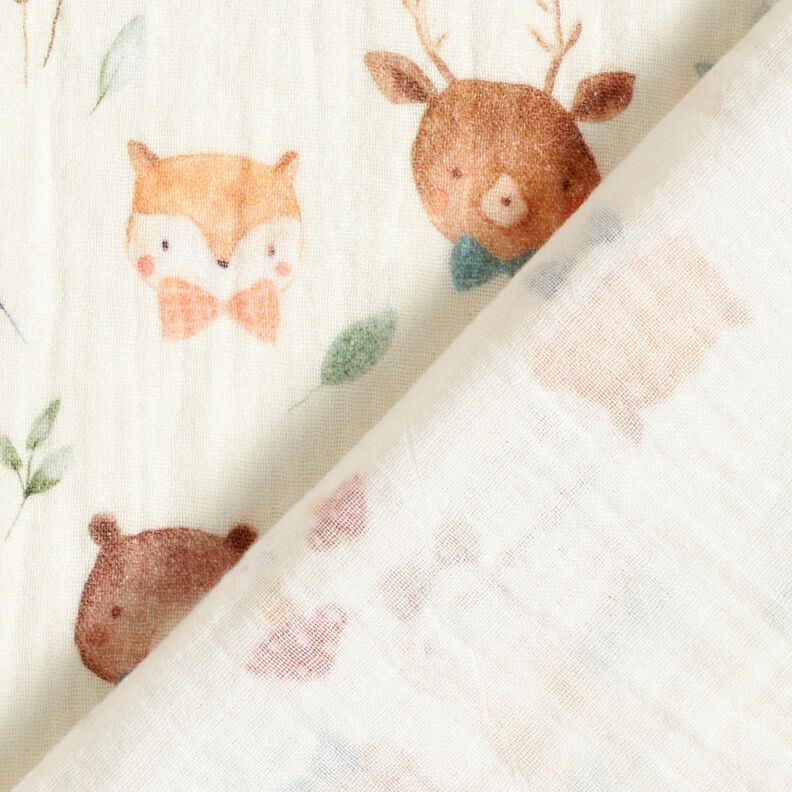 Musselina/ Tecido plissado duplo Cabeças de animais da floresta Impressão Digital – branco sujo,  image number 4