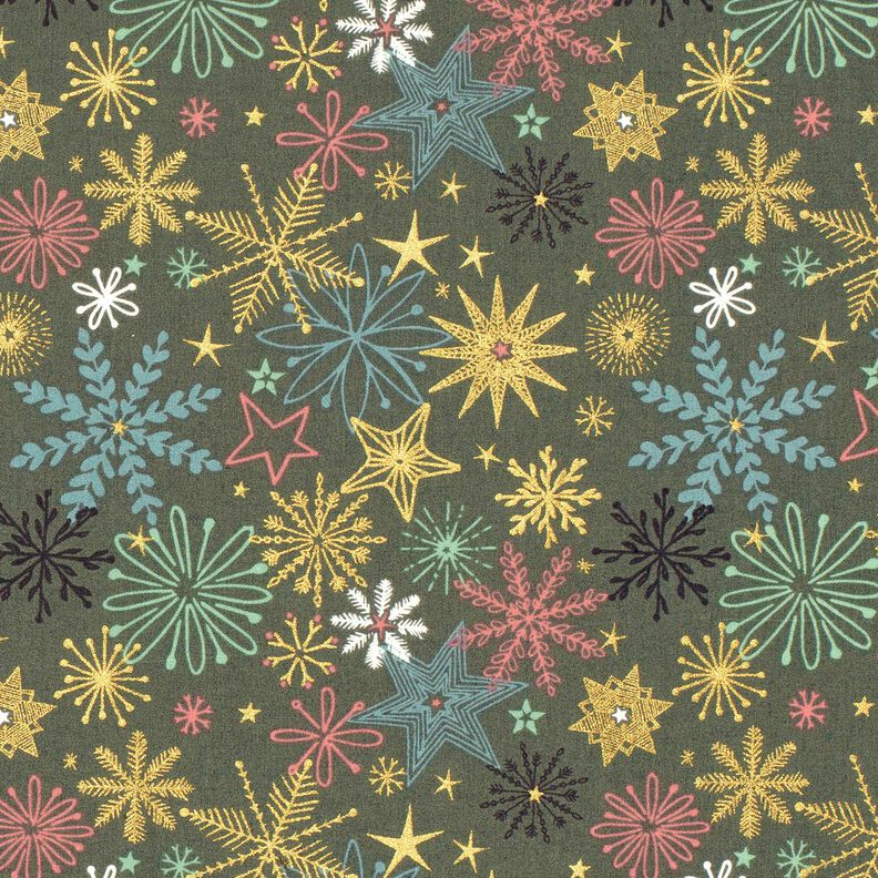 Tecido de algodão Popelina Mistura de estrelas – pinheiro escuro/dourado,  image number 1