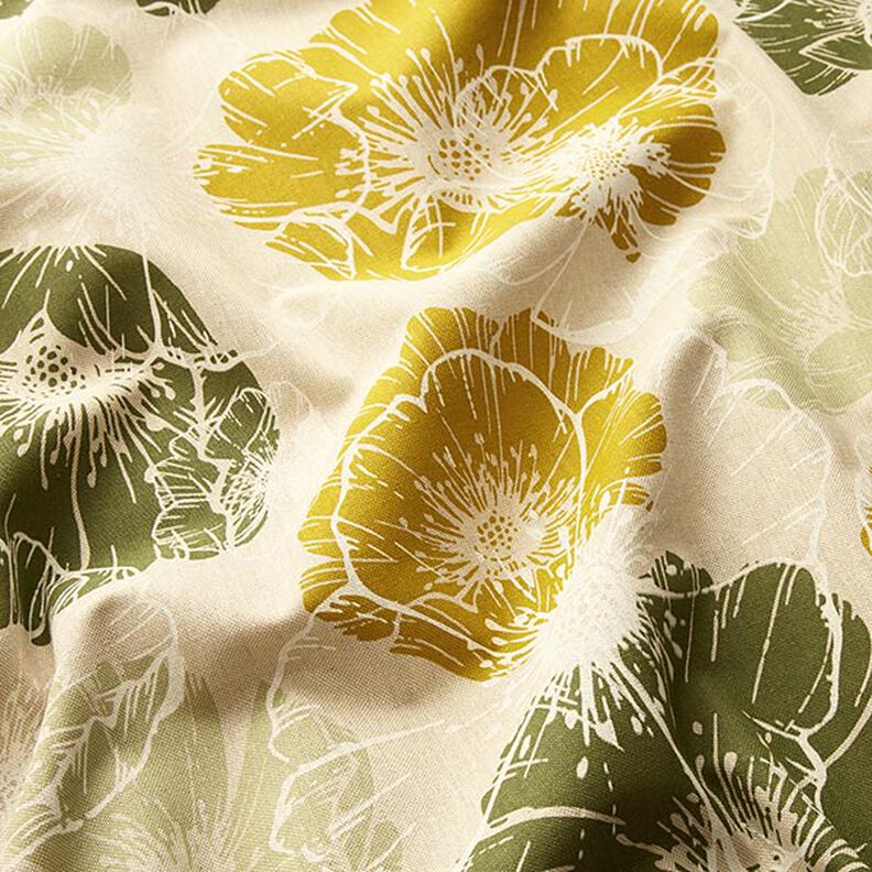 Tecido para decoração Meio linho Panamá Flores imponentes – amarelo-azeitona/natural,  image number 2