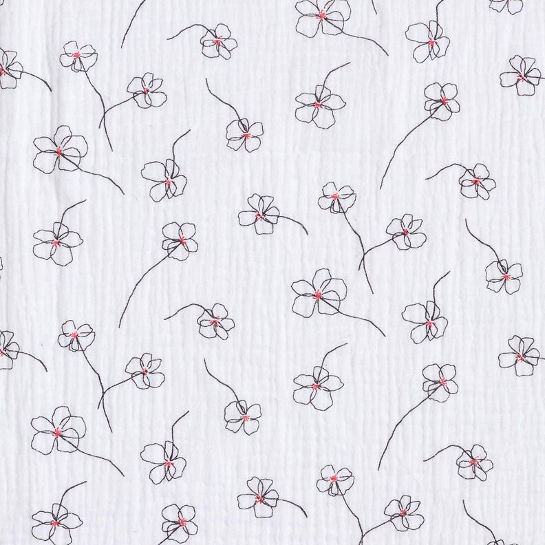 Musselina/ Tecido plissado duplo Papoilas pintadas &ndash; branco/preto,  image number 1