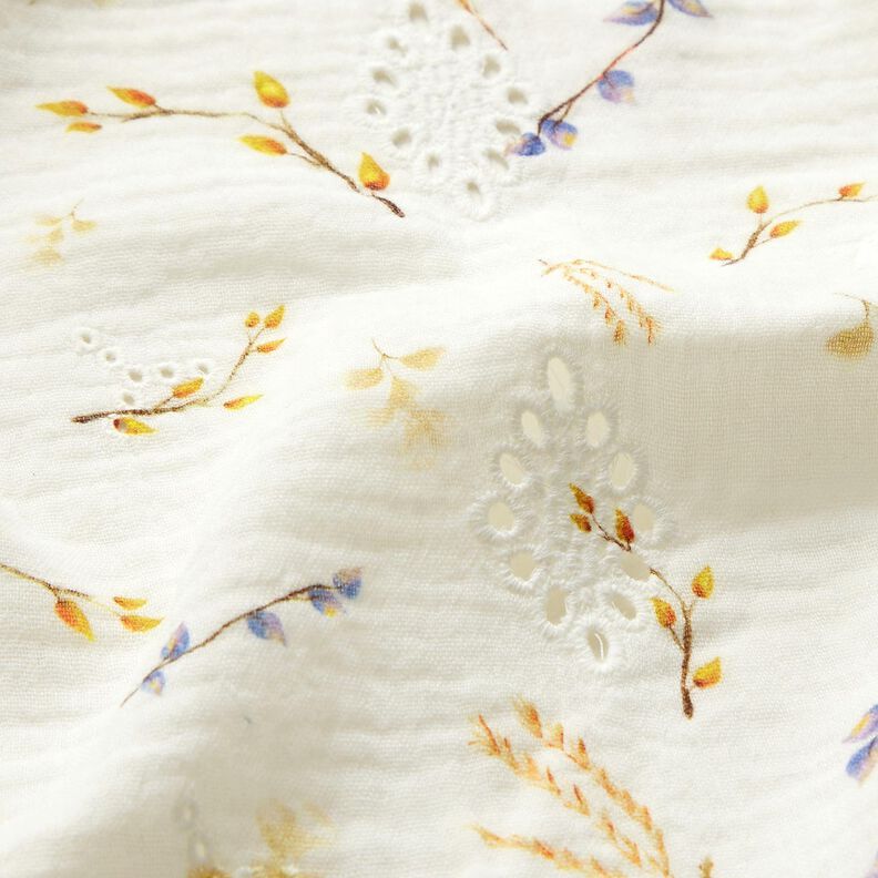 Musselina/ Tecido plissado duplo Padrão ramificado Bordado inglês – branco sujo,  image number 2