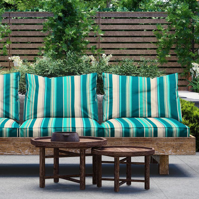 Tecido para exteriores Lona Riscas mistas – azul petróleo/anémona,  image number 6