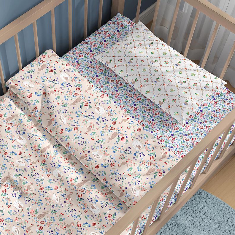 Popelina de algodão Animais no prado de flores – natural/vermelho-fogo,  image number 5