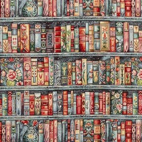 Tecido para decora&ccedil;&atilde;o Gobelina estante de livros colorida &ndash; pinheiro azul/carmin, 